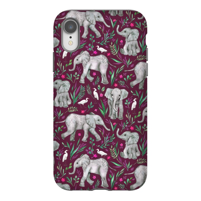 iPhone Xr StrongFit Little Watercolor Elephants and Egrets on Burgundy Red by Micklyn Le Feuvre