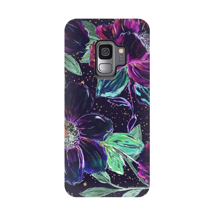 Galaxy S9 StrongFit Whimsical hand paint floral and golden confetti design by InovArts