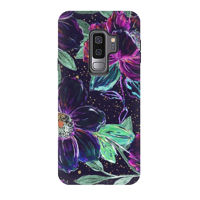 Galaxy S9 plus StrongFit Whimsical hand paint floral and golden confetti design by InovArts