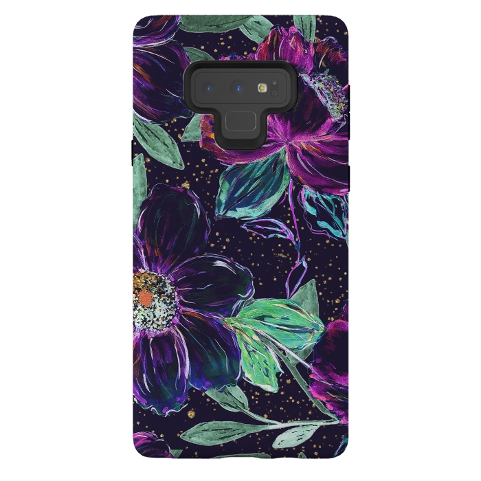 Galaxy Note 9 StrongFit Whimsical hand paint floral and golden confetti design by InovArts