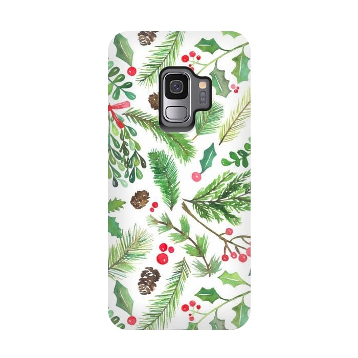 Galaxy S9 StrongFit Watercolor Christmas Greenery by Noonday Design