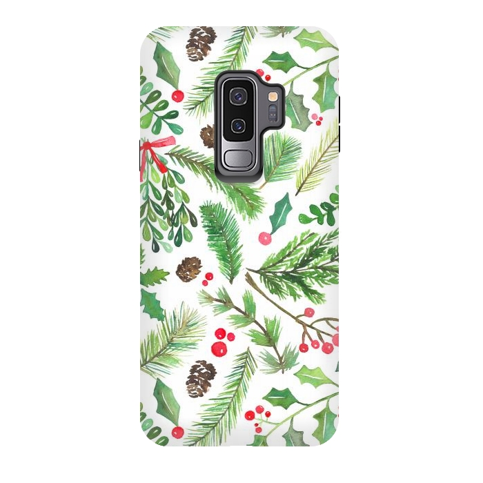 Galaxy S9 plus StrongFit Watercolor Christmas Greenery by Noonday Design