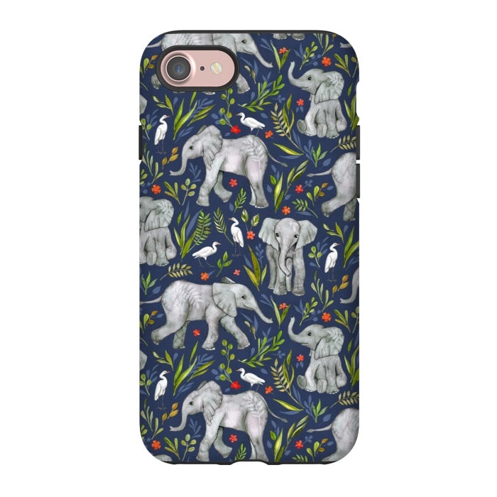 iPhone 7 StrongFit Little Watercolor Elephants and Egrets on Navy Blue by Micklyn Le Feuvre