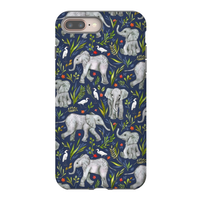 iPhone 7 plus StrongFit Little Watercolor Elephants and Egrets on Navy Blue by Micklyn Le Feuvre