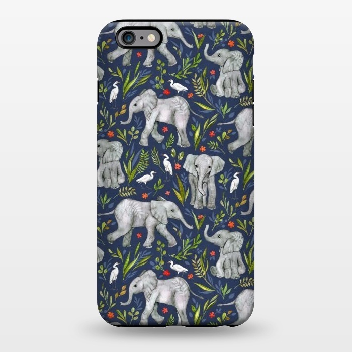 iPhone 6/6s plus StrongFit Little Watercolor Elephants and Egrets on Navy Blue by Micklyn Le Feuvre