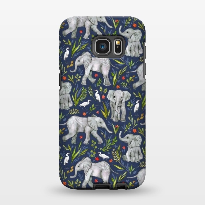 Galaxy S7 EDGE StrongFit Little Watercolor Elephants and Egrets on Navy Blue by Micklyn Le Feuvre