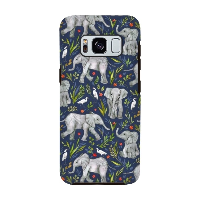 Galaxy S8 StrongFit Little Watercolor Elephants and Egrets on Navy Blue by Micklyn Le Feuvre