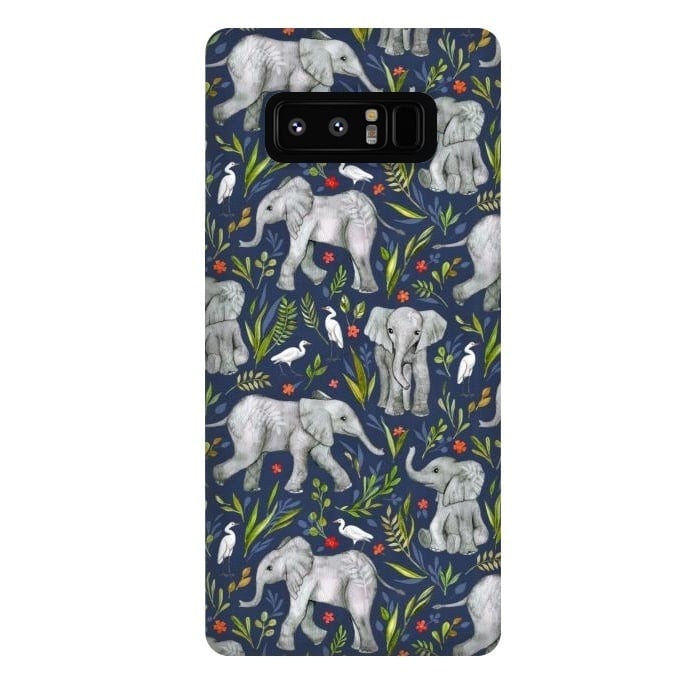 Galaxy Note 8 StrongFit Little Watercolor Elephants and Egrets on Navy Blue by Micklyn Le Feuvre
