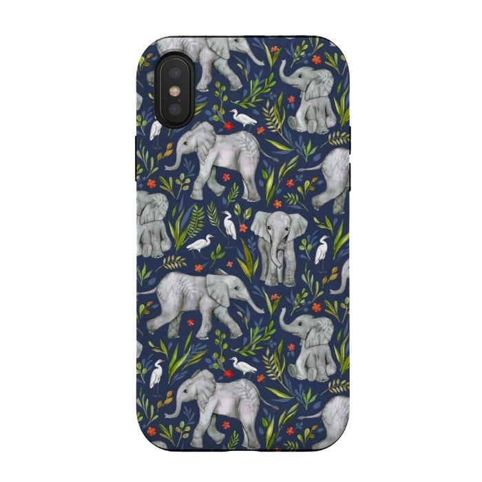 iPhone Xs / X StrongFit Little Watercolor Elephants and Egrets on Navy Blue by Micklyn Le Feuvre
