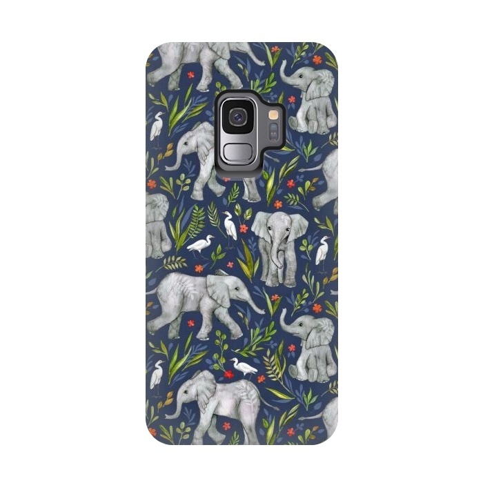 Galaxy S9 StrongFit Little Watercolor Elephants and Egrets on Navy Blue by Micklyn Le Feuvre