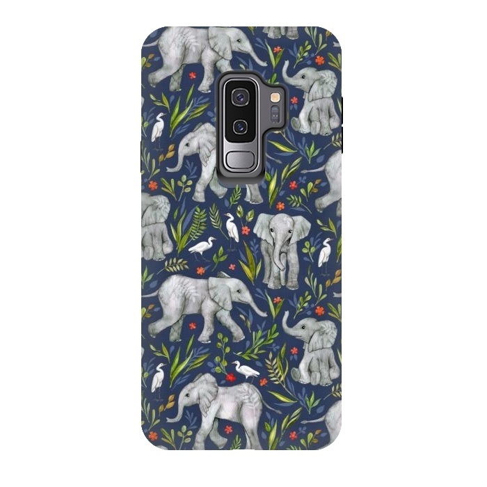 Galaxy S9 plus StrongFit Little Watercolor Elephants and Egrets on Navy Blue by Micklyn Le Feuvre