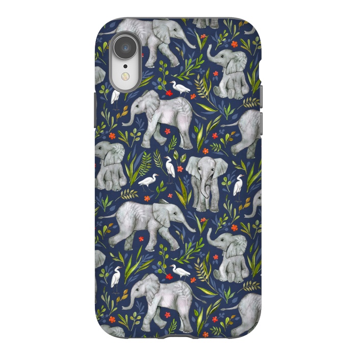 iPhone Xr StrongFit Little Watercolor Elephants and Egrets on Navy Blue by Micklyn Le Feuvre