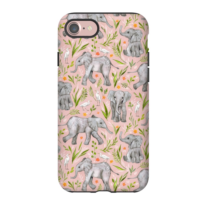 iPhone 7 StrongFit Little Watercolor Elephants and Egrets on Blush Pink  by Micklyn Le Feuvre
