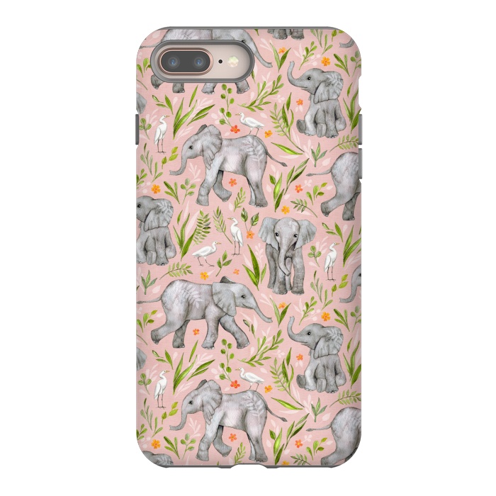 iPhone 7 plus StrongFit Little Watercolor Elephants and Egrets on Blush Pink  by Micklyn Le Feuvre