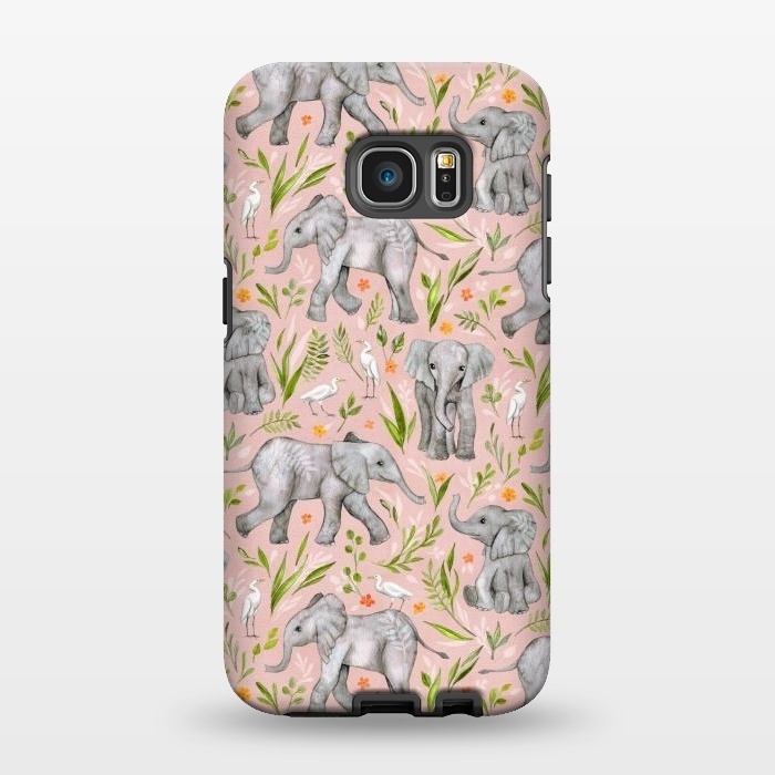 Galaxy S7 EDGE StrongFit Little Watercolor Elephants and Egrets on Blush Pink  by Micklyn Le Feuvre