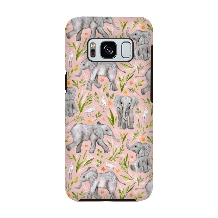 Galaxy S8 StrongFit Little Watercolor Elephants and Egrets on Blush Pink  by Micklyn Le Feuvre