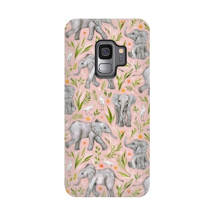 Galaxy S9 StrongFit Little Watercolor Elephants and Egrets on Blush Pink  by Micklyn Le Feuvre