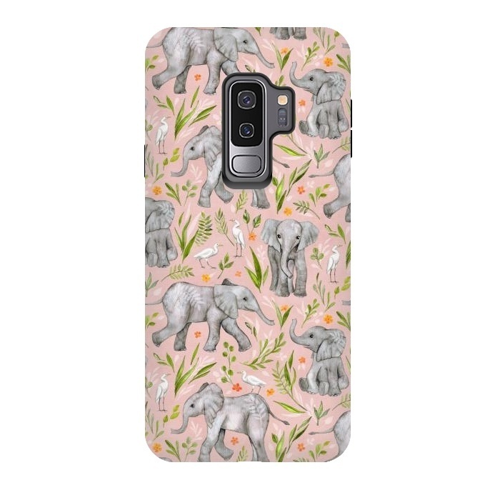Galaxy S9 plus StrongFit Little Watercolor Elephants and Egrets on Blush Pink  by Micklyn Le Feuvre