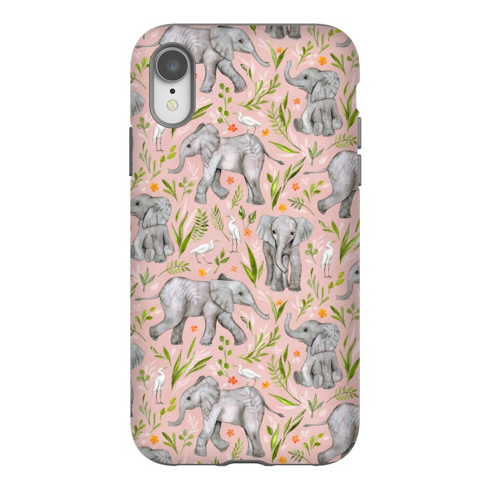 iPhone Xr StrongFit Little Watercolor Elephants and Egrets on Blush Pink  by Micklyn Le Feuvre