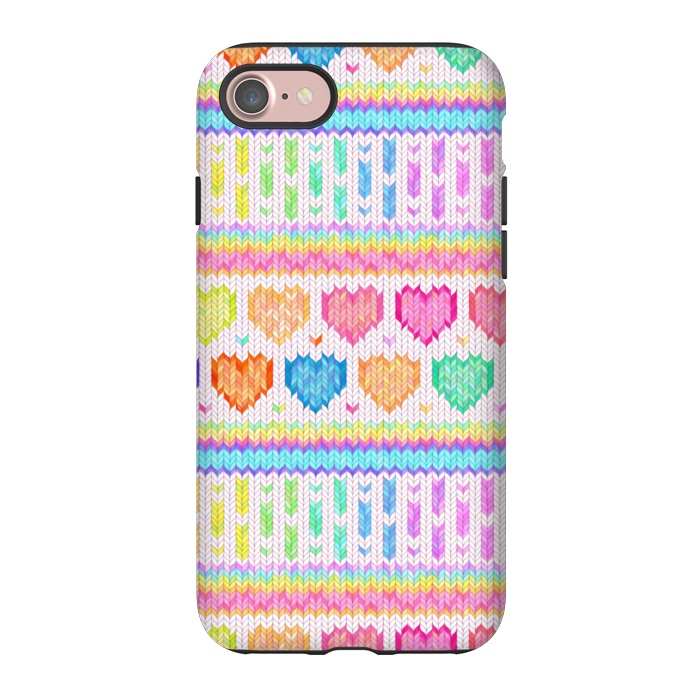 iPhone 7 StrongFit Cozy Knit with Rainbow Hearts on Off White by Micklyn Le Feuvre