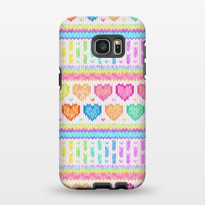 Galaxy S7 EDGE StrongFit Cozy Knit with Rainbow Hearts on Off White by Micklyn Le Feuvre