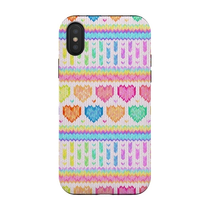 iPhone Xs / X StrongFit Cozy Knit with Rainbow Hearts on Off White by Micklyn Le Feuvre