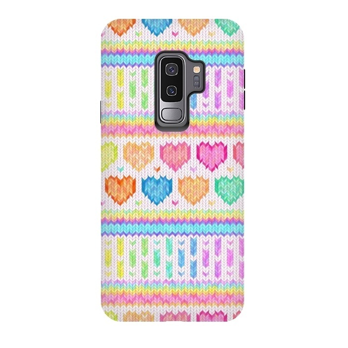 Galaxy S9 plus StrongFit Cozy Knit with Rainbow Hearts on Off White by Micklyn Le Feuvre