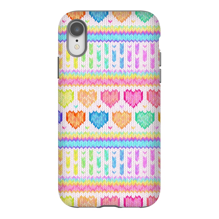 iPhone Xr StrongFit Cozy Knit with Rainbow Hearts on Off White by Micklyn Le Feuvre