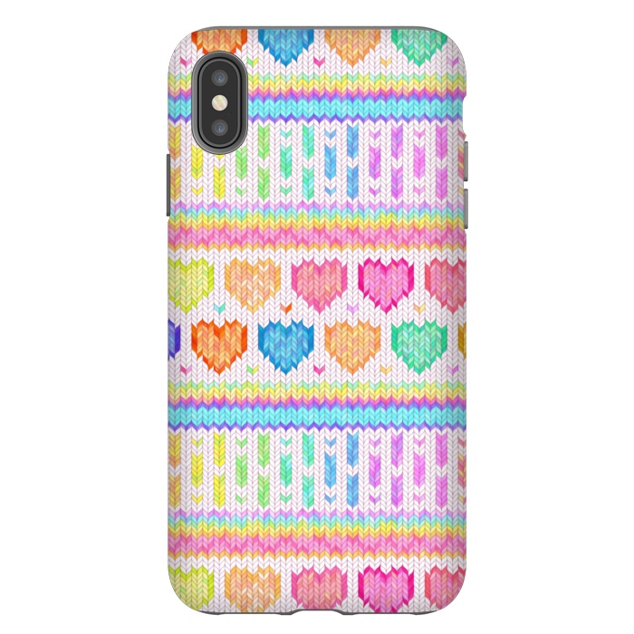 iPhone Xs Max StrongFit Cozy Knit with Rainbow Hearts on Off White by Micklyn Le Feuvre