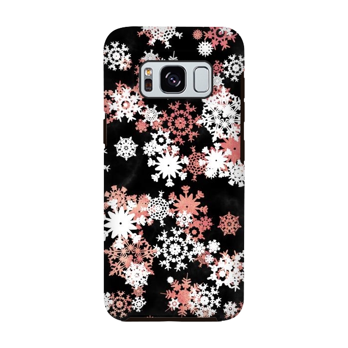 Galaxy S8 StrongFit Rose gold and white snowflakes on black background by Oana 