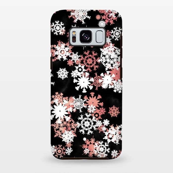 Galaxy S8 plus StrongFit Rose gold and white snowflakes on black background by Oana 