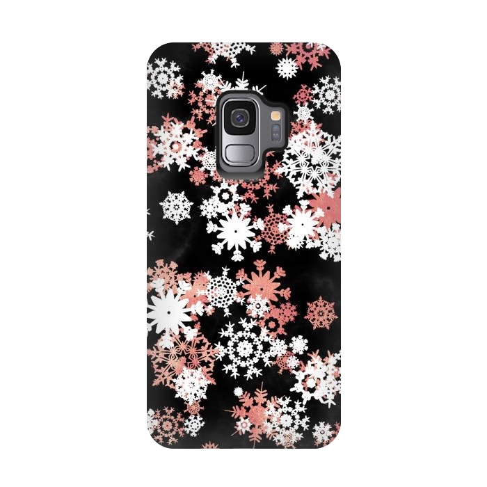 Galaxy S9 StrongFit Rose gold and white snowflakes on black background by Oana 