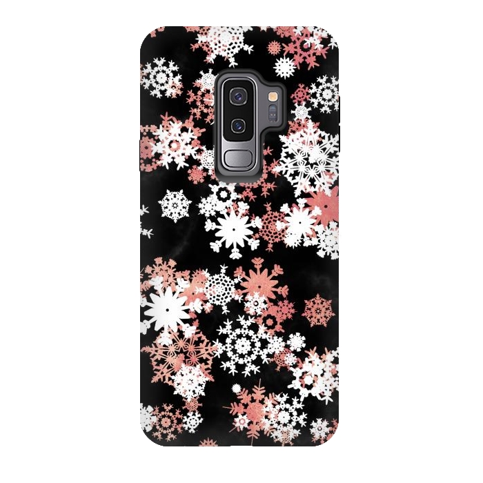 Galaxy S9 plus StrongFit Rose gold and white snowflakes on black background by Oana 