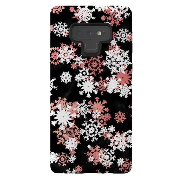 Galaxy Note 9 StrongFit Rose gold and white snowflakes on black background by Oana 