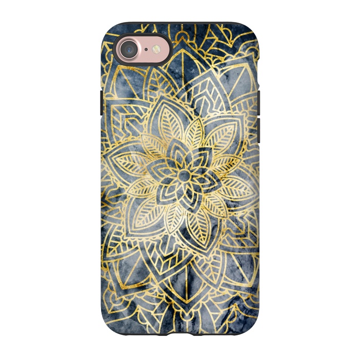 iPhone 7 StrongFit Golden flower mandala on dark blue marble by Oana 