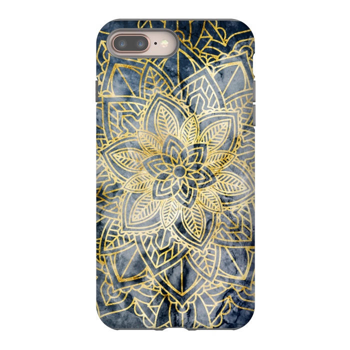 iPhone 7 plus StrongFit Golden flower mandala on dark blue marble by Oana 