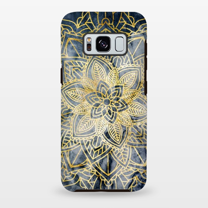 Galaxy S8 plus StrongFit Golden flower mandala on dark blue marble by Oana 