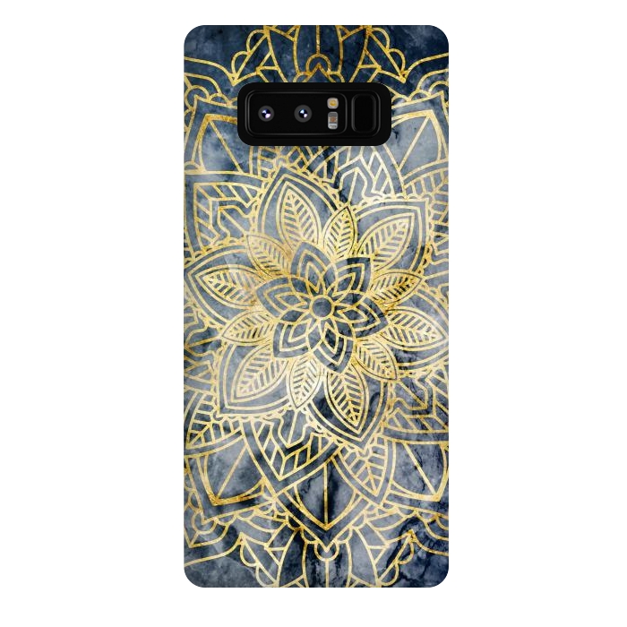 Galaxy Note 8 StrongFit Golden flower mandala on dark blue marble by Oana 