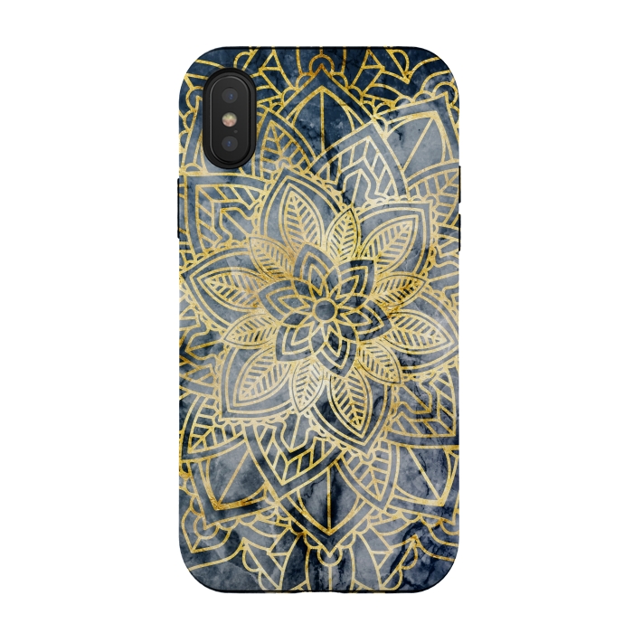 iPhone Xs / X StrongFit Golden flower mandala on dark blue marble by Oana 
