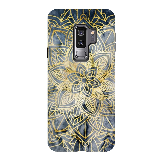 Galaxy S9 plus StrongFit Golden flower mandala on dark blue marble by Oana 