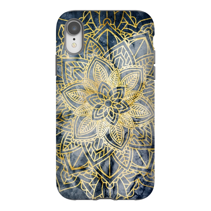 iPhone Xr StrongFit Golden flower mandala on dark blue marble by Oana 