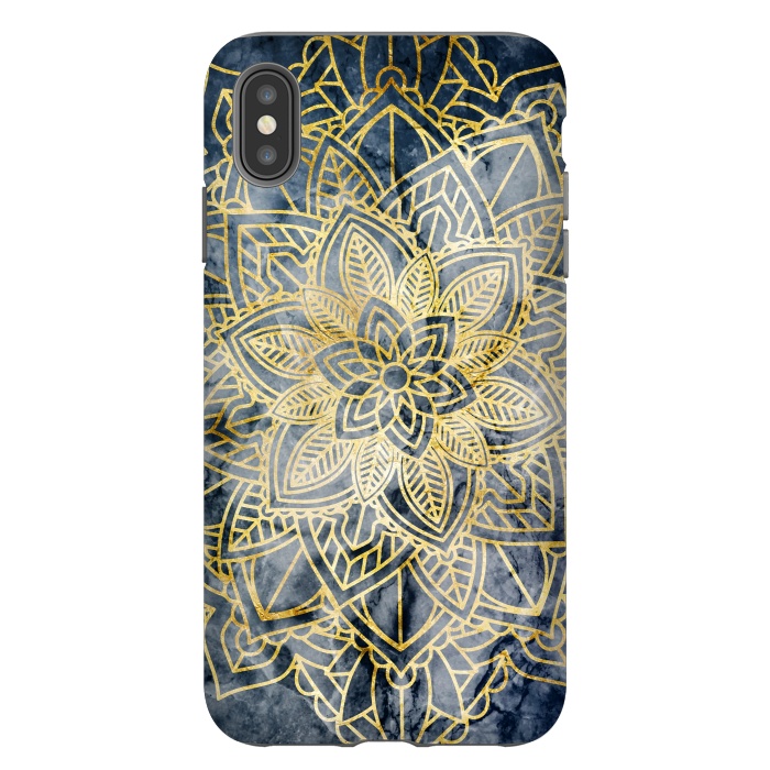 iPhone Xs Max StrongFit Golden flower mandala on dark blue marble by Oana 