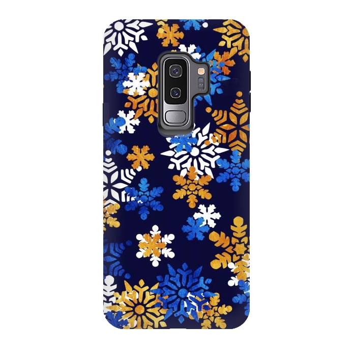 Galaxy S9 plus StrongFit Blue, gold, white snowflakes by Oana 
