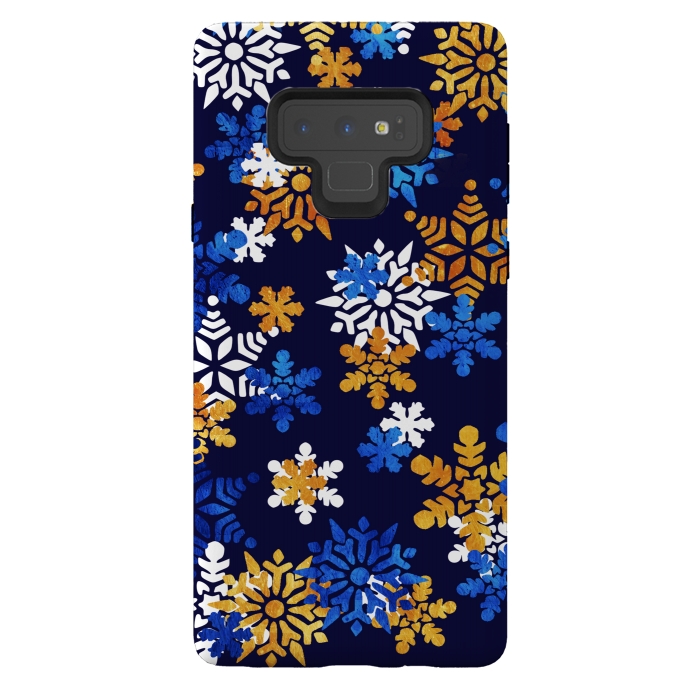 Galaxy Note 9 StrongFit Blue, gold, white snowflakes by Oana 