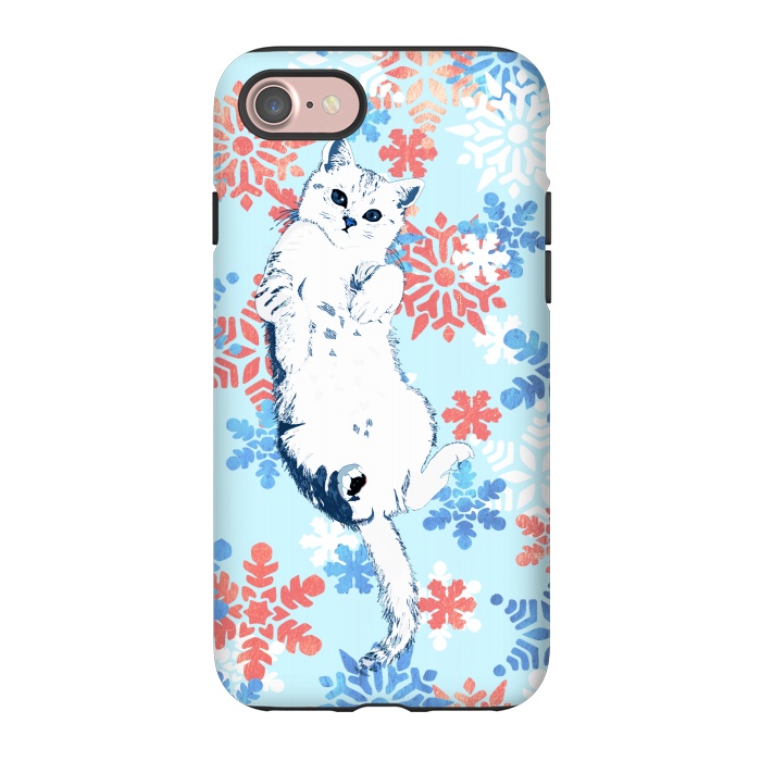 iPhone 7 StrongFit White cat and blue white gold snowflakes by Oana 