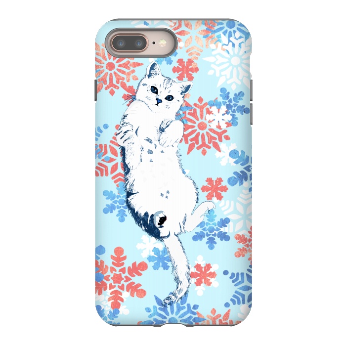 iPhone 7 plus StrongFit White cat and blue white gold snowflakes by Oana 