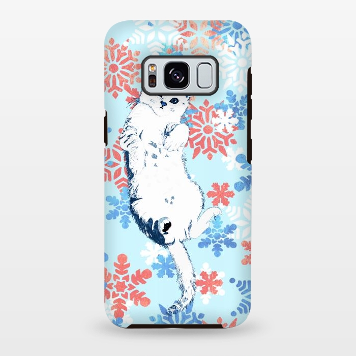 Galaxy S8 plus StrongFit White cat and blue white gold snowflakes by Oana 