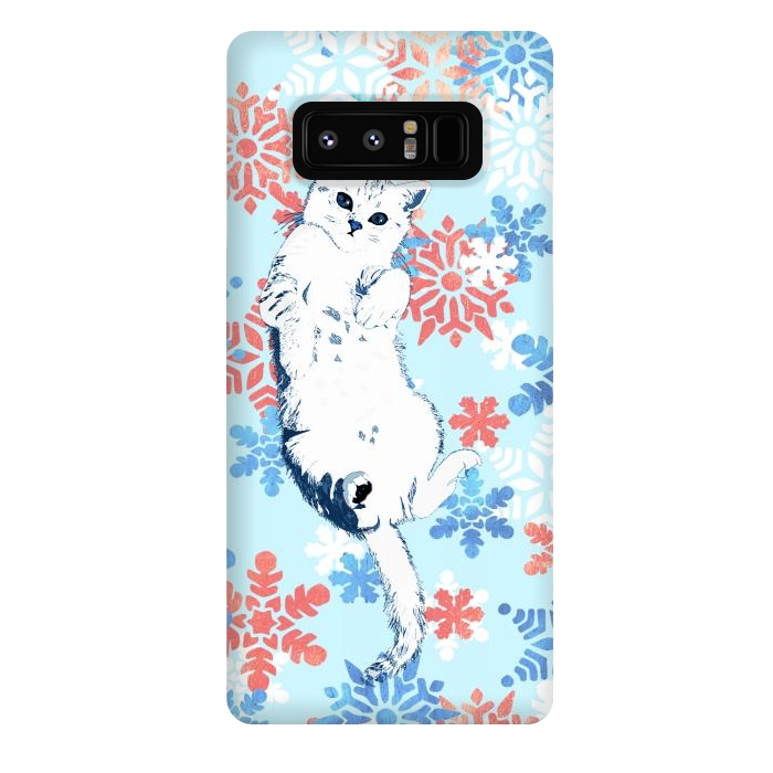 Galaxy Note 8 StrongFit White cat and blue white gold snowflakes by Oana 