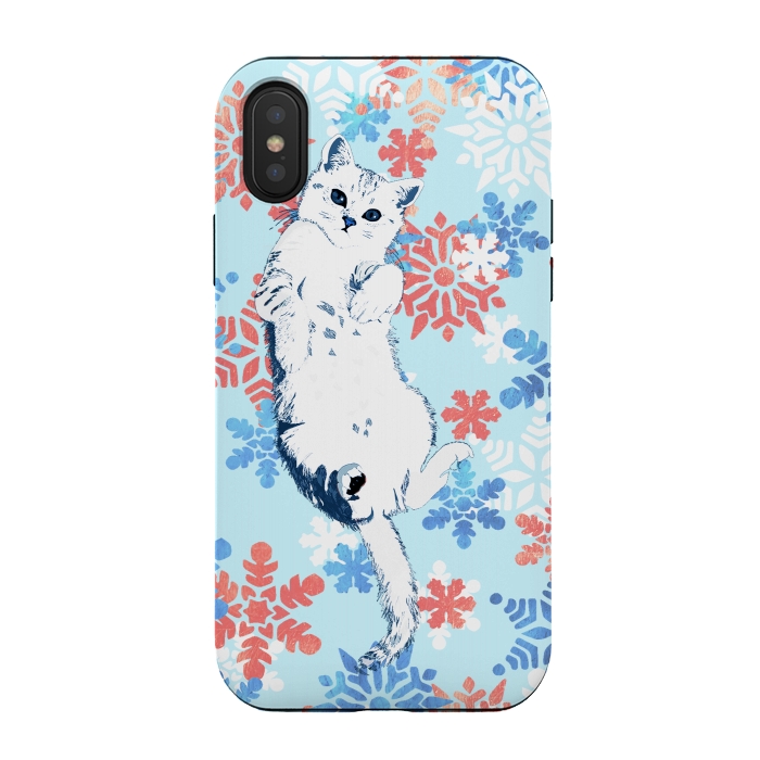 iPhone Xs / X StrongFit White cat and blue white gold snowflakes by Oana 