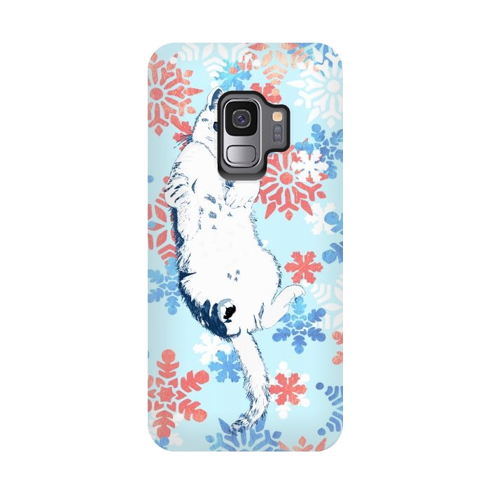 Galaxy S9 StrongFit White cat and blue white gold snowflakes by Oana 